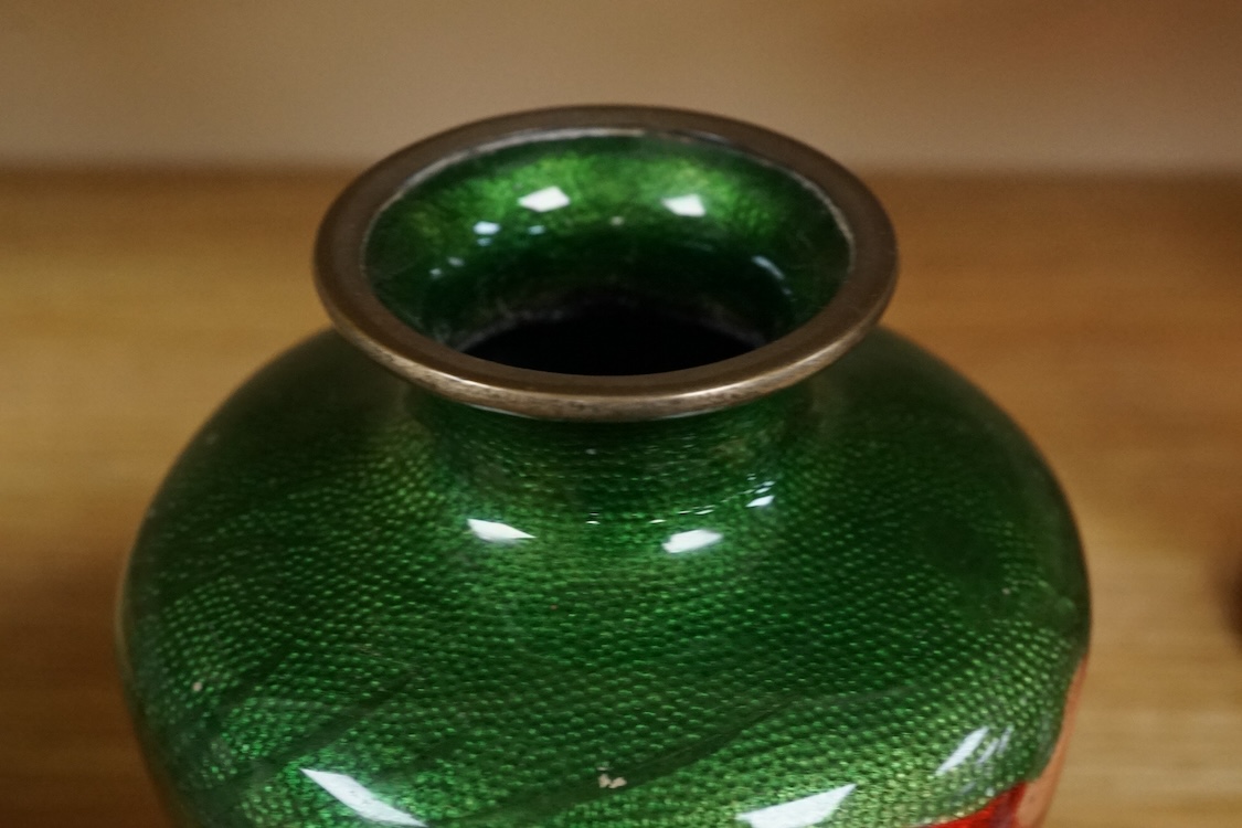 A Japanese ginbari enamel ‘koi carp’ vase, early 20th century, 18cm high